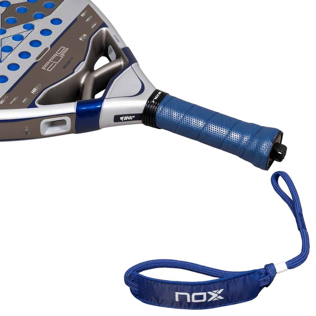 Nox Pro Cup Soft 2027 by Agustín Tapia padel racket, handle and wrist strap detail