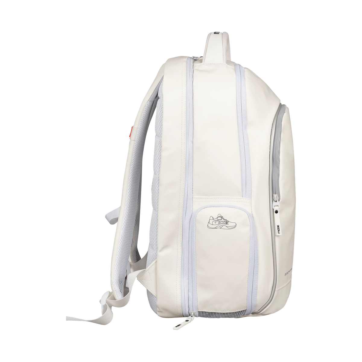 Nox PRO SERIES Backpack — White; Whole backpack in side profile, with back straps on the left and the front pocket on the right.
