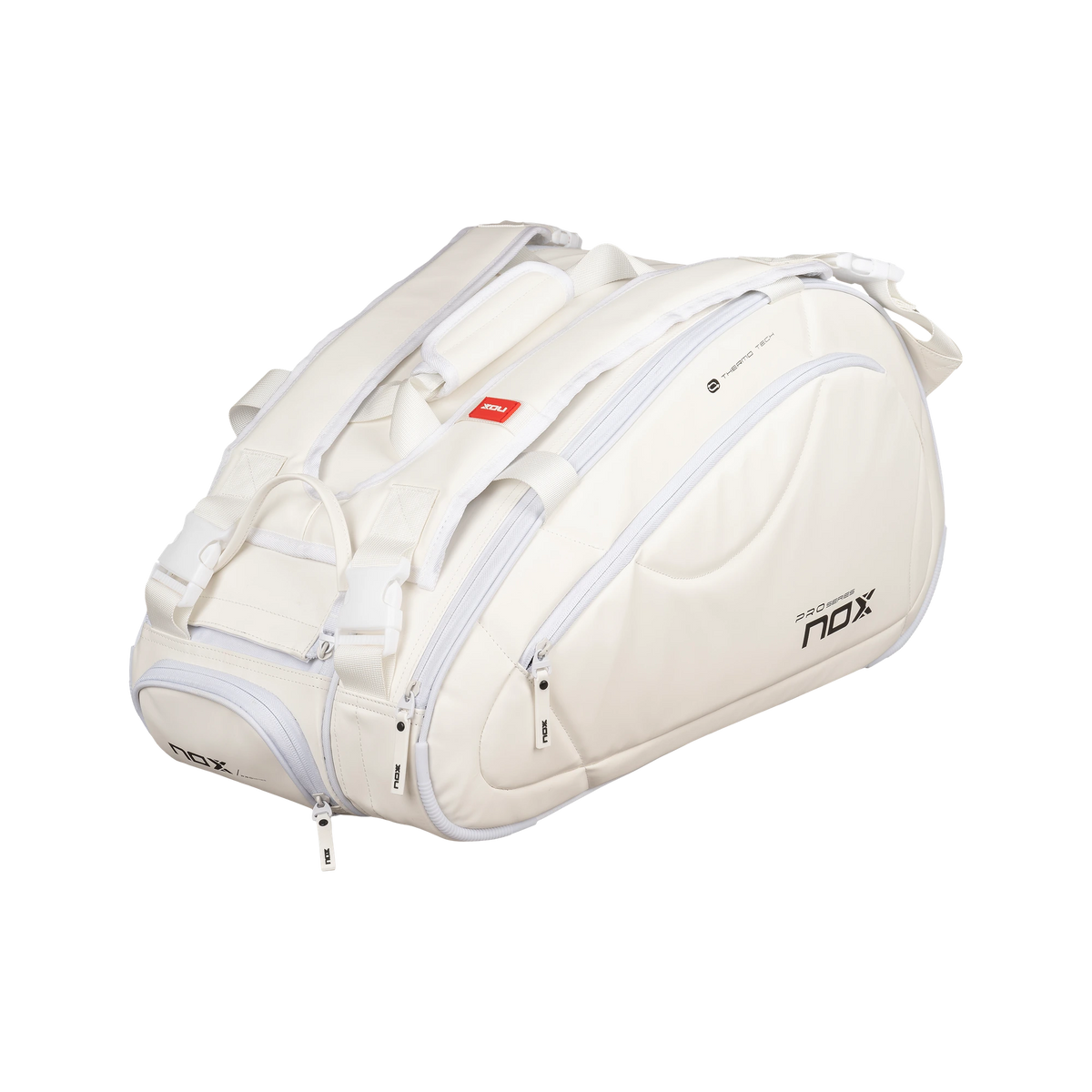 Nox Pro Series Padel Bag — White; Closed horizontal bag viewed from the opposite side, with the small end pocket at the left and the broad side panel at the right.