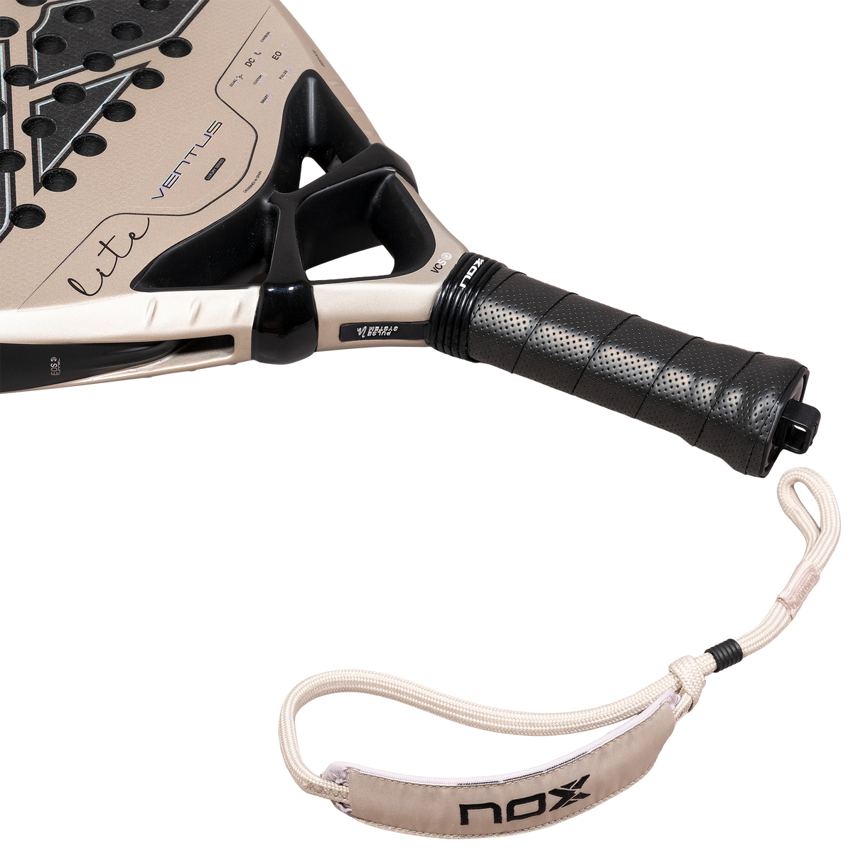 Nox Ventus Hybrid 12K Lite 2027 padel racket, handle and wrist strap detail