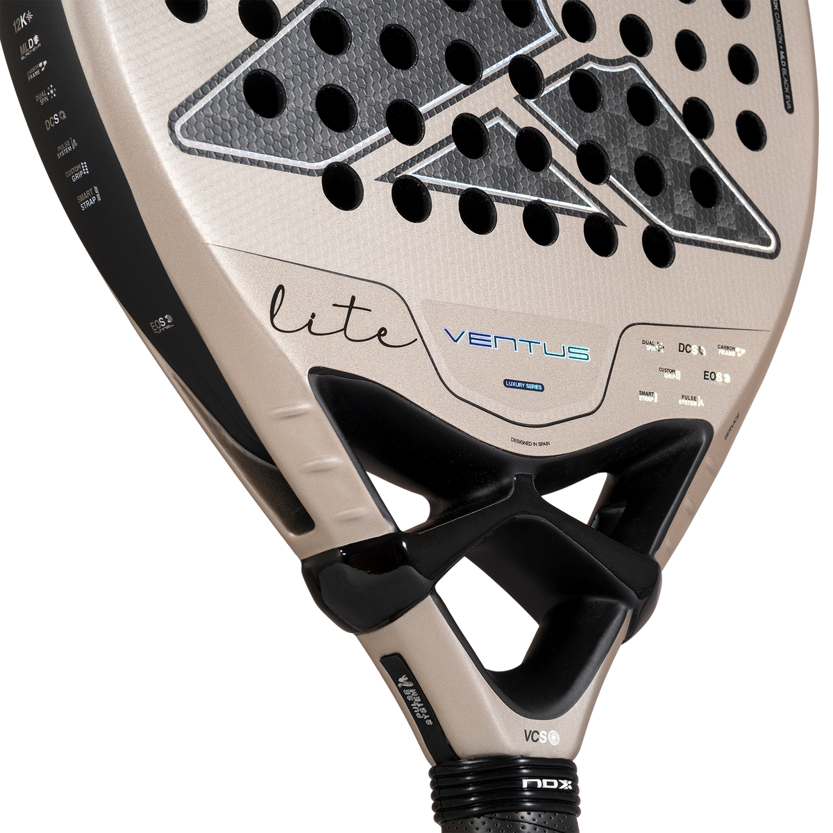 Nox Ventus Hybrid 12K Lite 2027 padel racket, lower face and throat detail