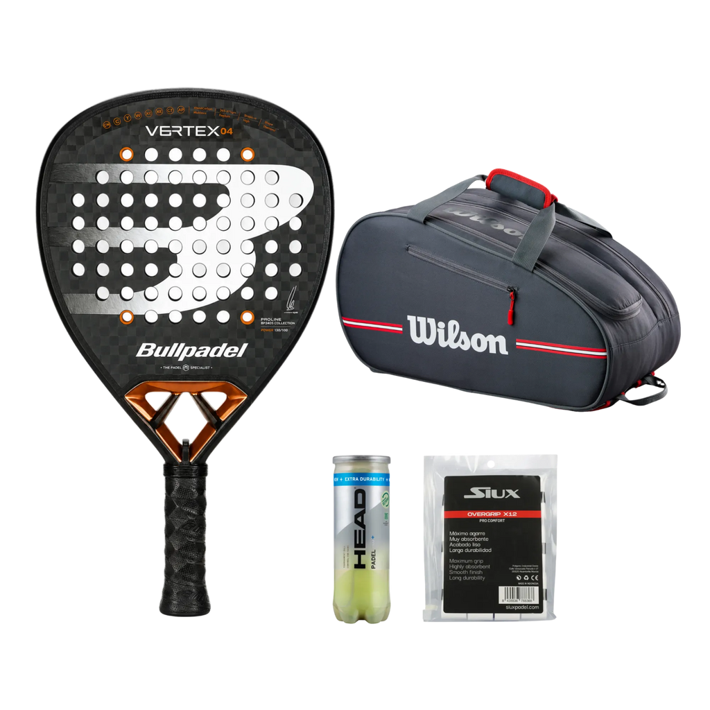 Power Padel Pack — Bullpadel Vertex 04 racket, Wilson Team bag, Head balls and Siux grips