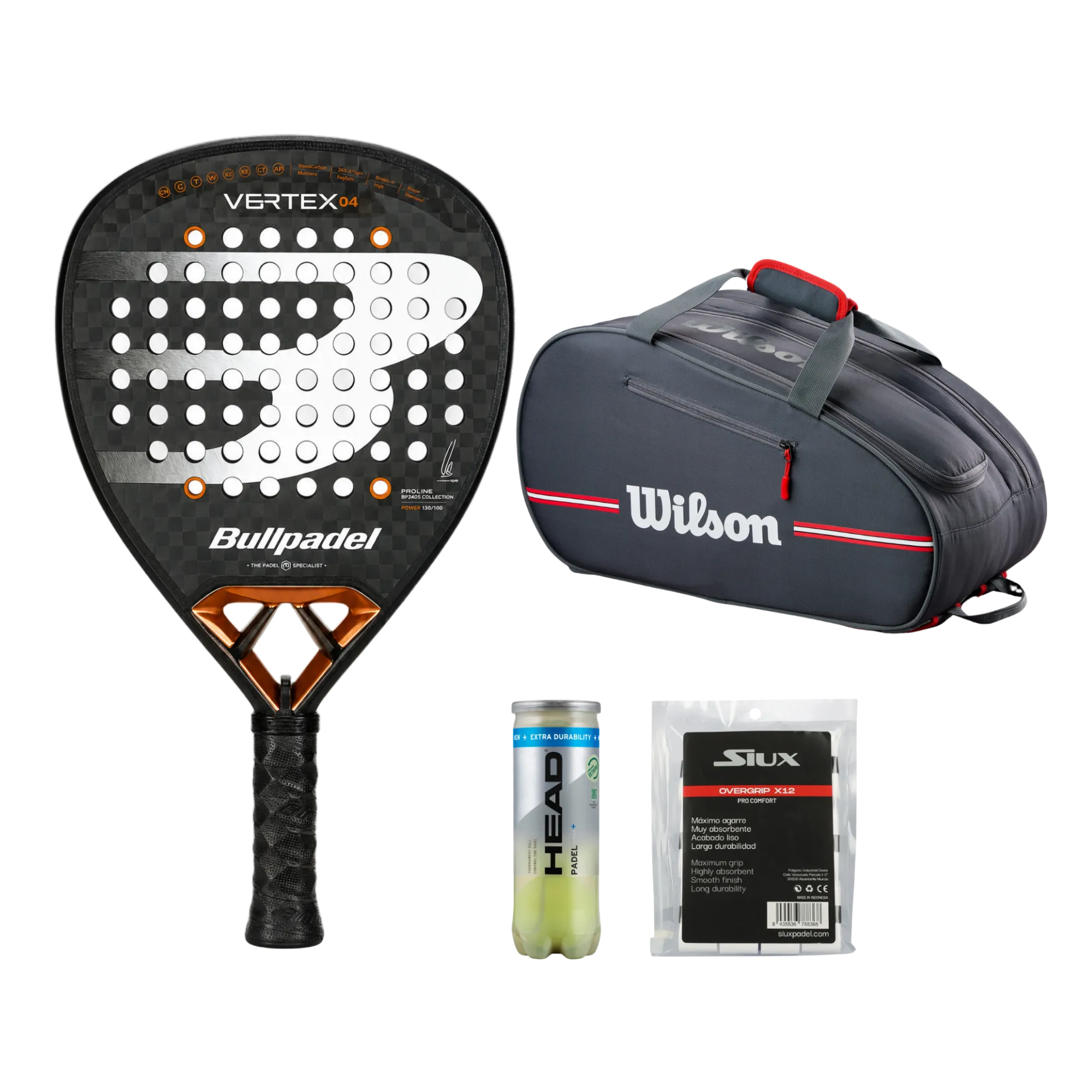 Power Padel Pack — Bullpadel Vertex 04 racket, Wilson Team bag, Head balls and Siux grips