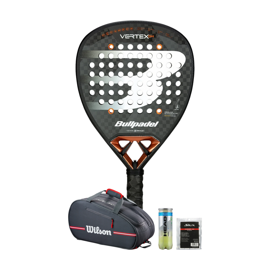 Power Padel Pack — Bullpadel Vertex 04 racket, Wilson Team bag, Head balls and Siux grips