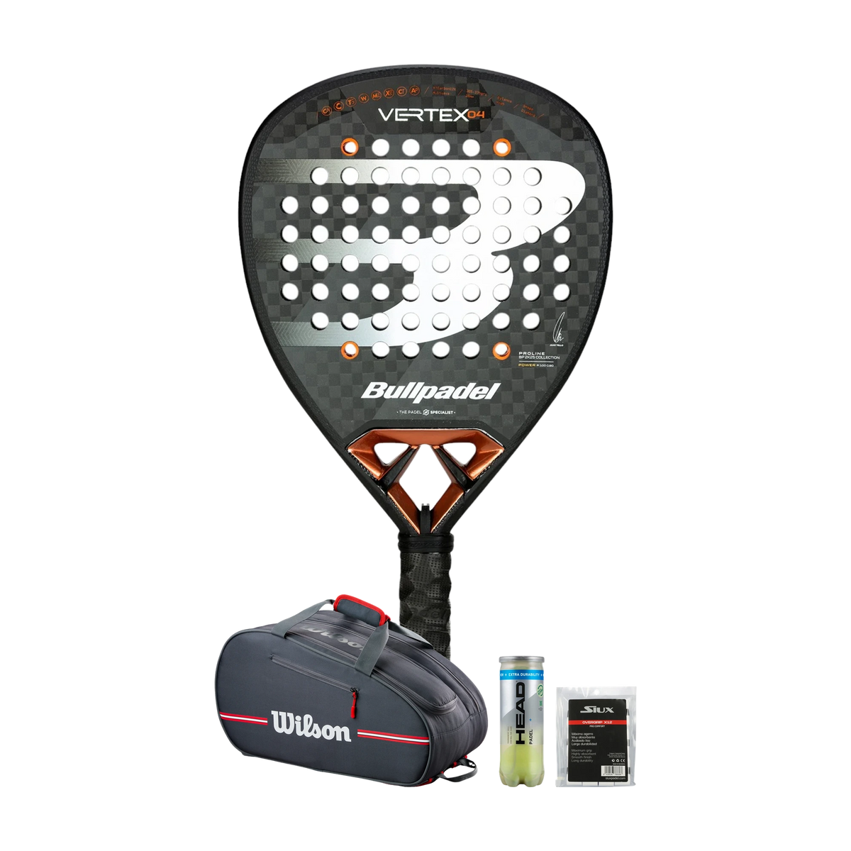 Power Padel Pack — Bullpadel Vertex 04 racket, Wilson Team bag, Head balls and Siux grips