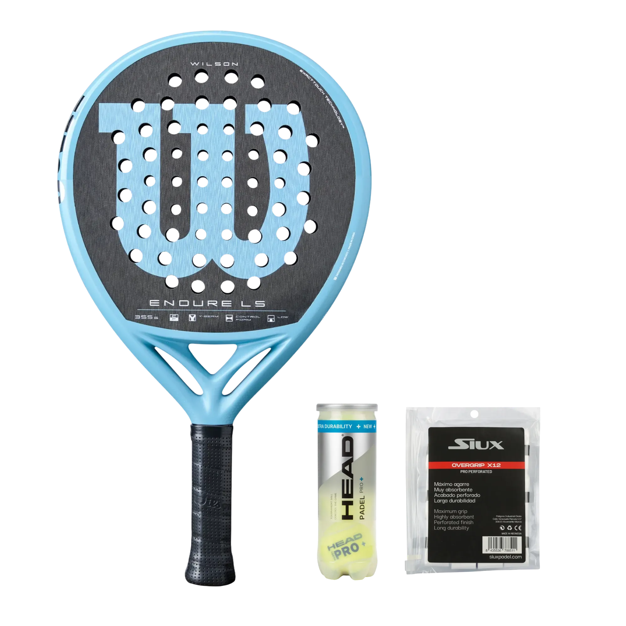 Premium Padel Pack — Wilson Endure racket, Head padel balls and Siux overgrips shown together