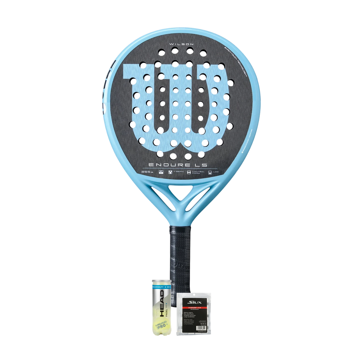 Premium Padel Pack — Wilson Endure racket, Head padel balls and Siux overgrips shown together