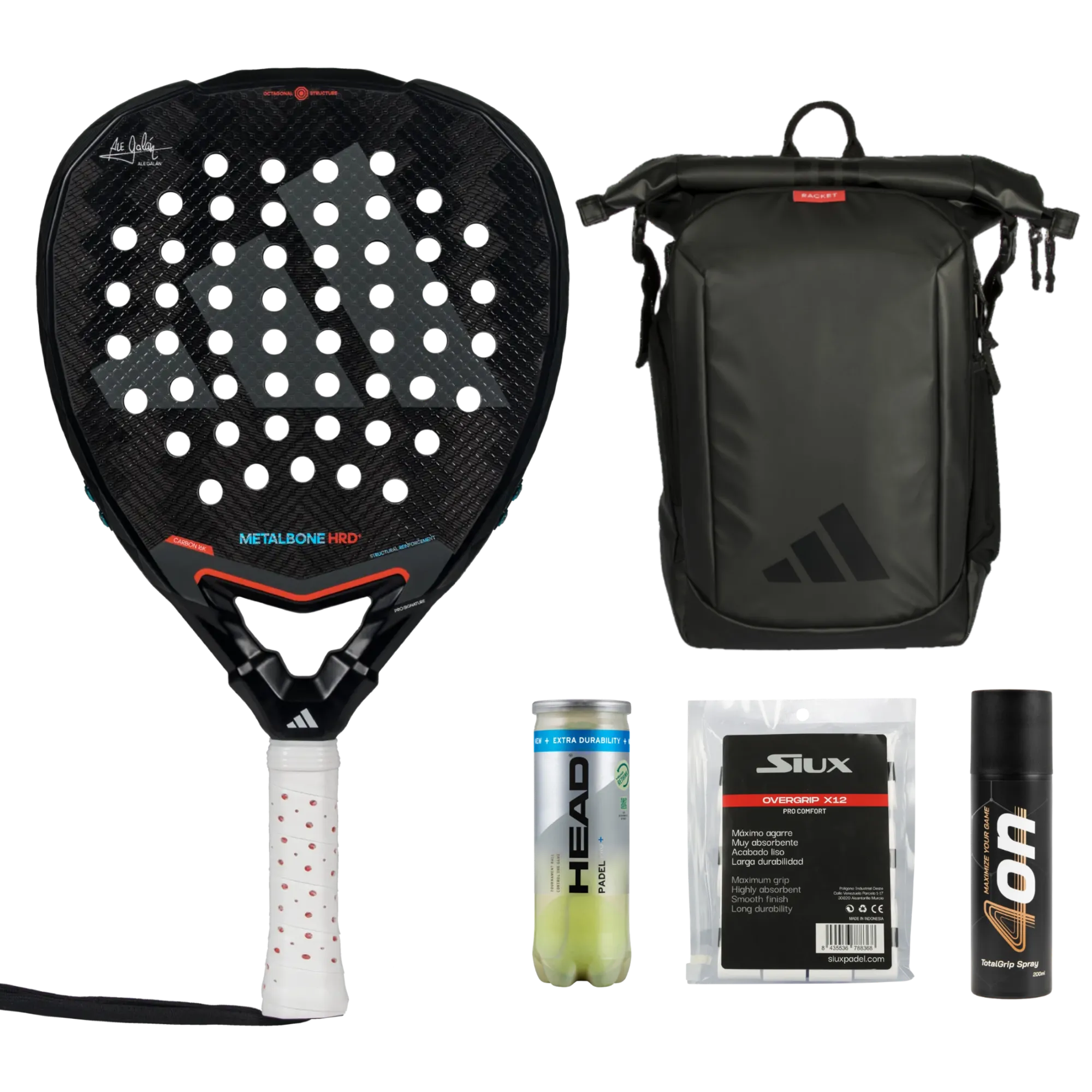 Alejandro Galán Signature Pack — Adidas Metalbone HRD+ racket, Adidas bag, 4on TotalGrip spray, Head balls and Siux overgrips