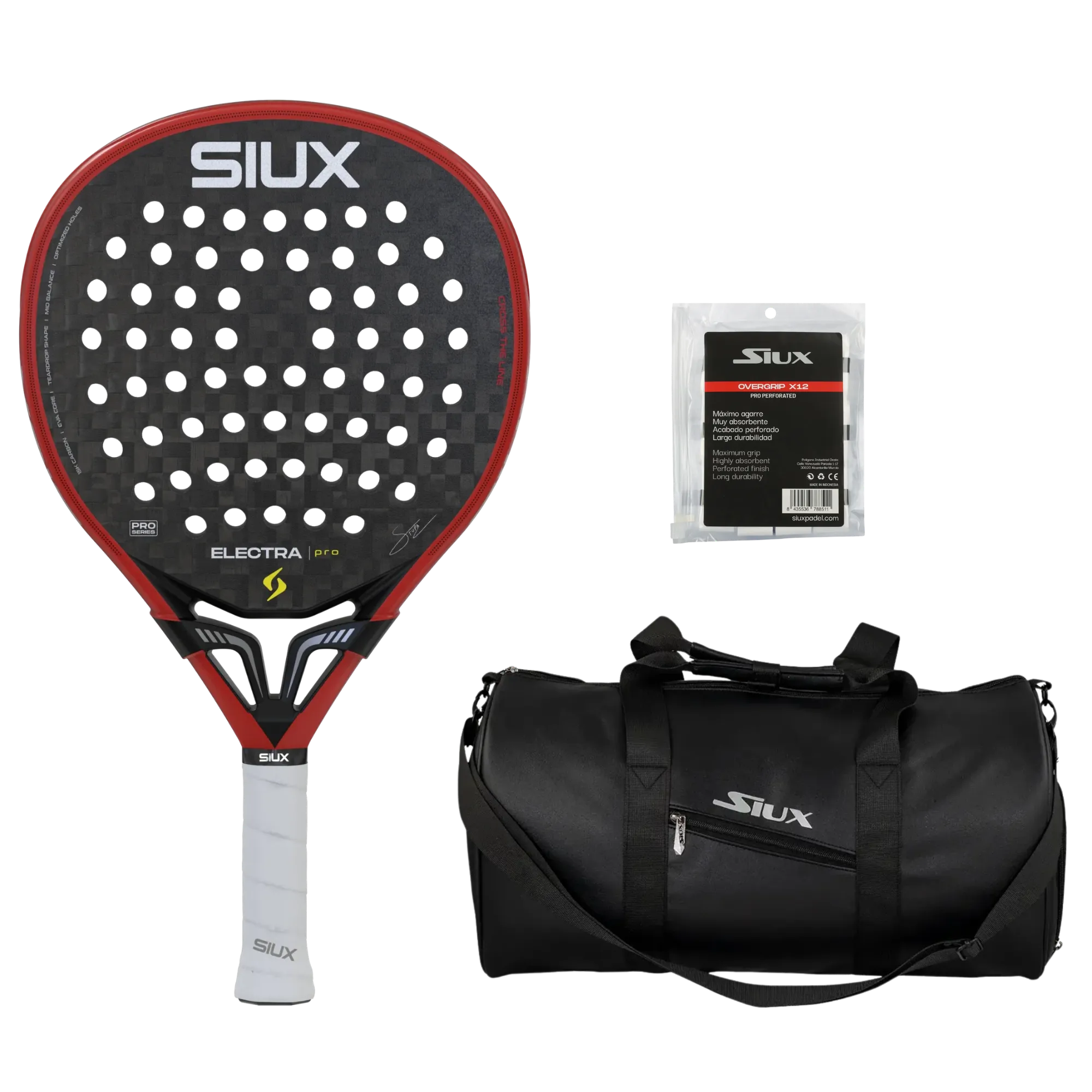 Siux Padel Pack — Siux Electra Pro racket, Siux bag and Siux overgrips shown together