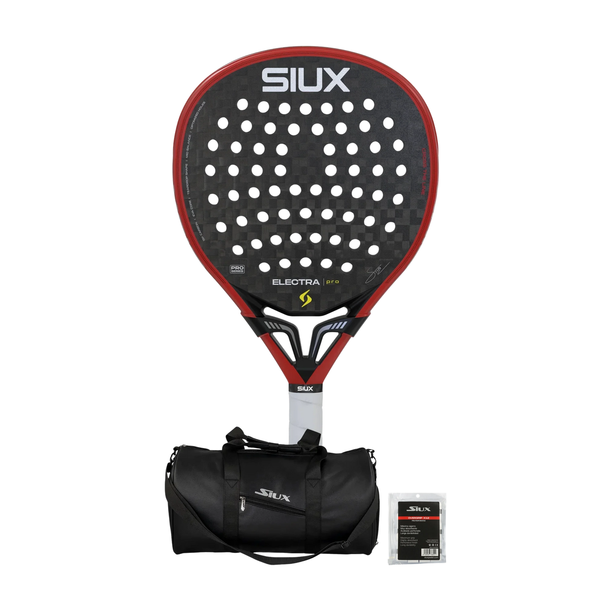 Siux Padel Pack — Siux Electra Pro racket, Siux bag and Siux overgrips shown together