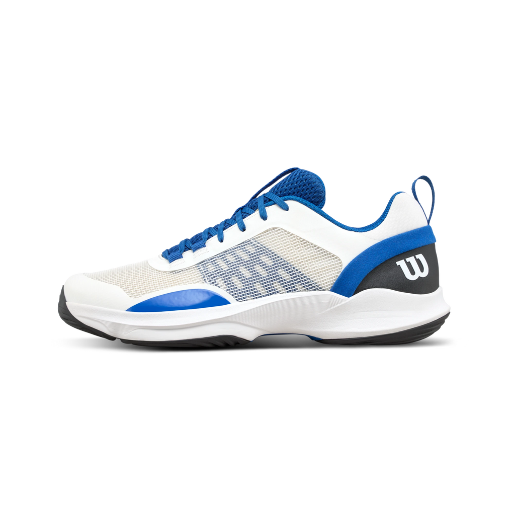 White and blue padel shoe with Wilson logo on a white background