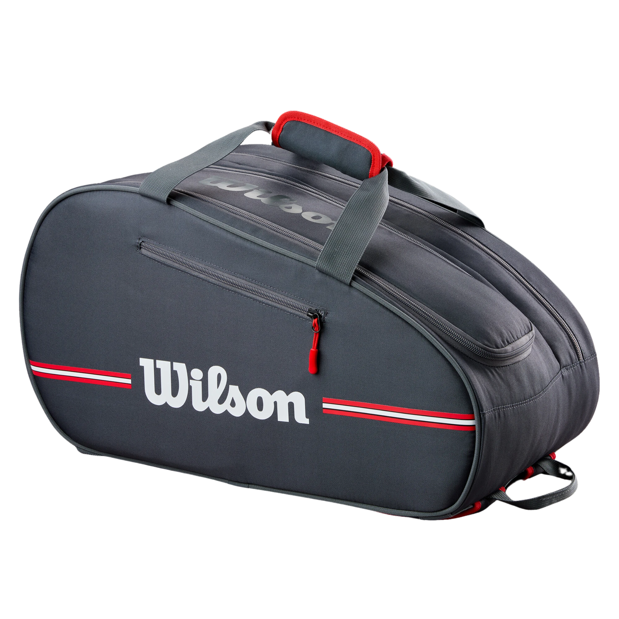 A black Wilson Team Padel Bag with red and white accents, featuring the Wilson logo, designed to carry rackets and padel gear.