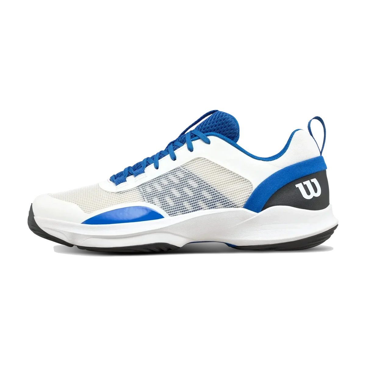 White and blue padel shoe with Wilson logo on a white background
