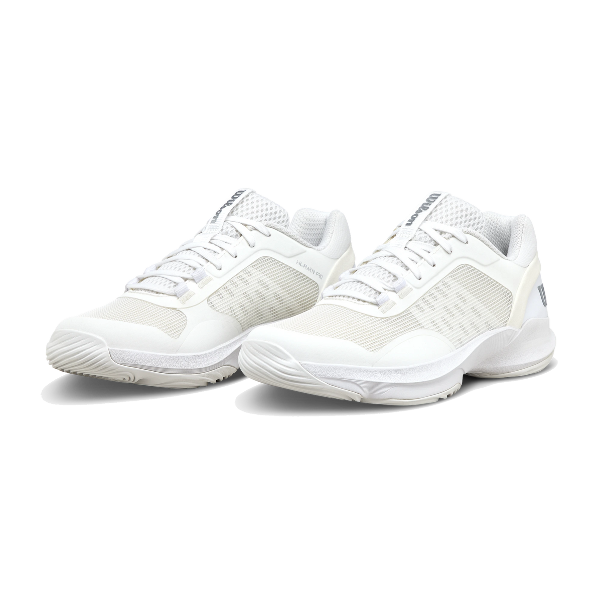 Wilson HURAKN Pro V2 Women's Padel Shoes — Wh/Wh/Sil; Both shoes upright in a low front three-quarter arrangement, showing toes, laces and side panels.