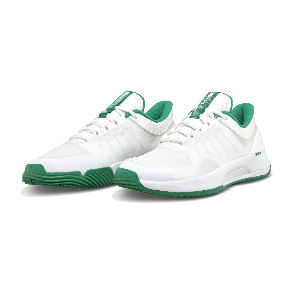 Wilson Intrigue Tour Women's Padel Shoes — White / Bosphorus; Both shoes standing upright together in a low front three-quarter presentation, without an exposed outsole.