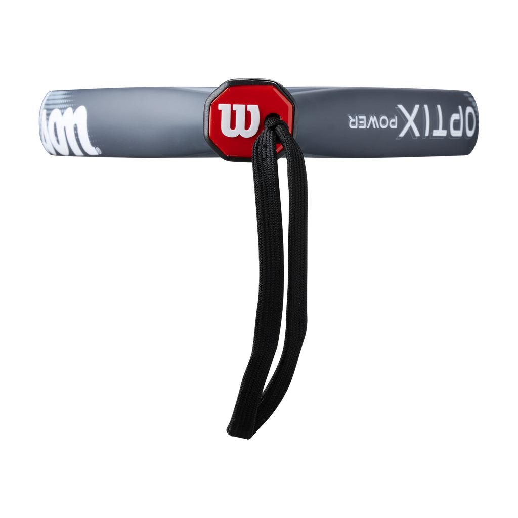 Wilson Optix V2 Power 2026 - Blue - Racket viewed end-on from the butt cap, with the head appearing as a horizontal edge behind the red cap and the wrist strap hanging downward.