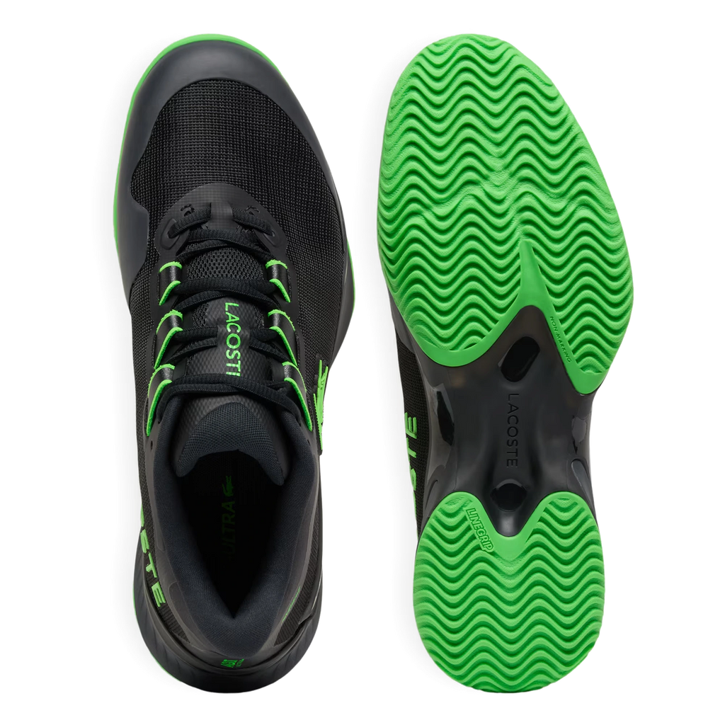 Lacoste AG-LT Ultra black and green men's padel shoes, top and outsole views