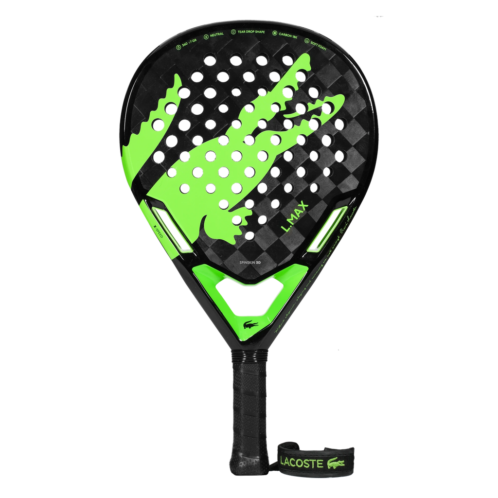 Lacoste L-Max green and black padel racket, front view