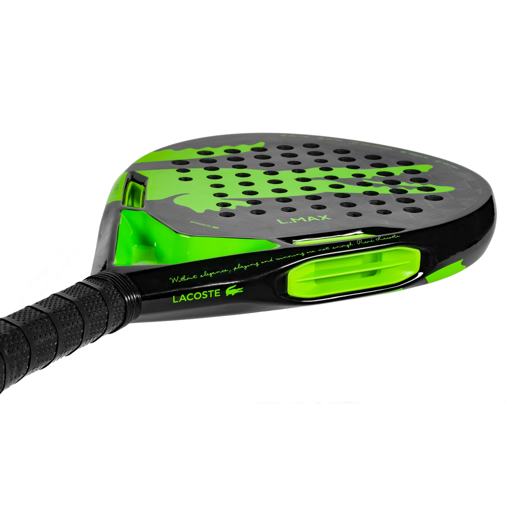 Lacoste L-Max green and black padel racket, angled face view