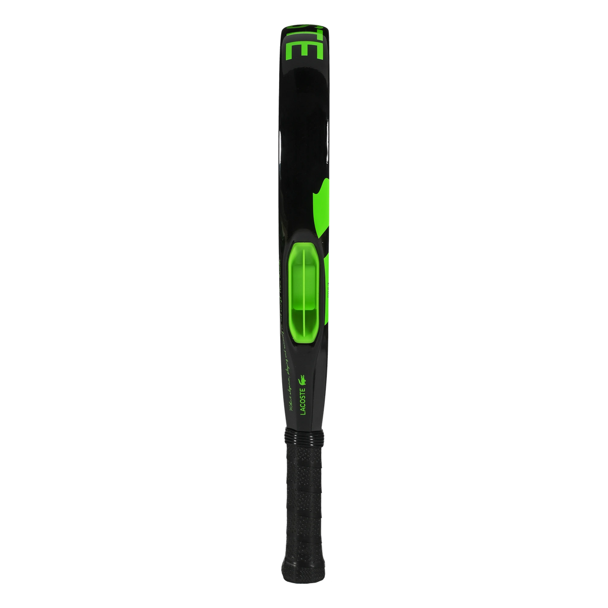 Lacoste L-Max green and black padel racket, side profile view
