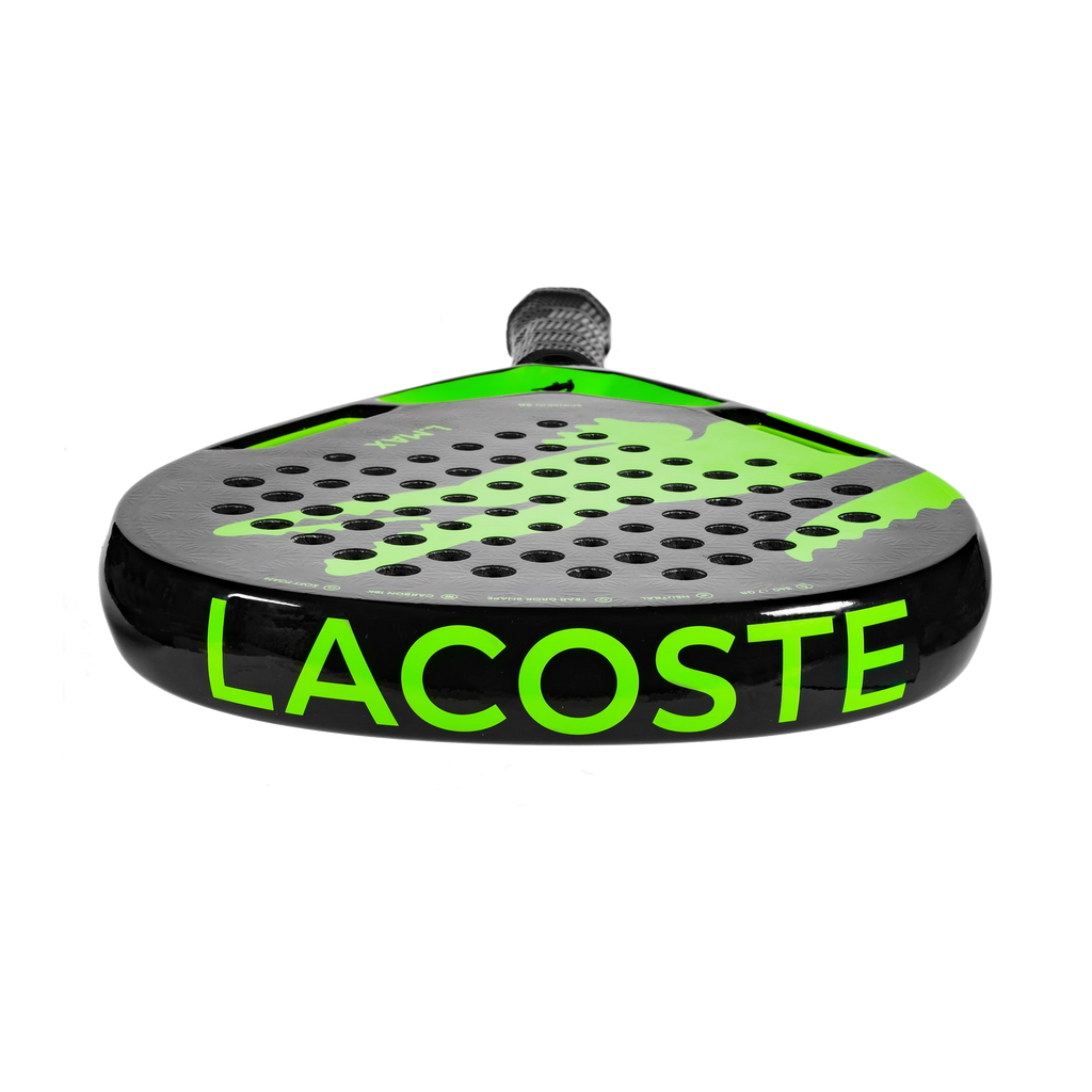 Lacoste L-Max green and black padel racket, rear angled view