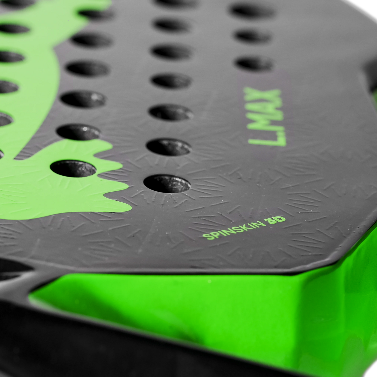 Lacoste L-Max green and black padel racket, frame and face detail