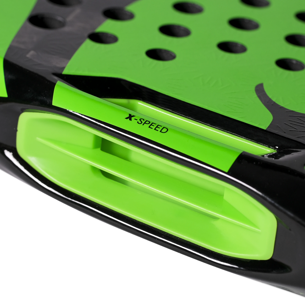 Lacoste L-Max green and black padel racket, bumper and frame detail