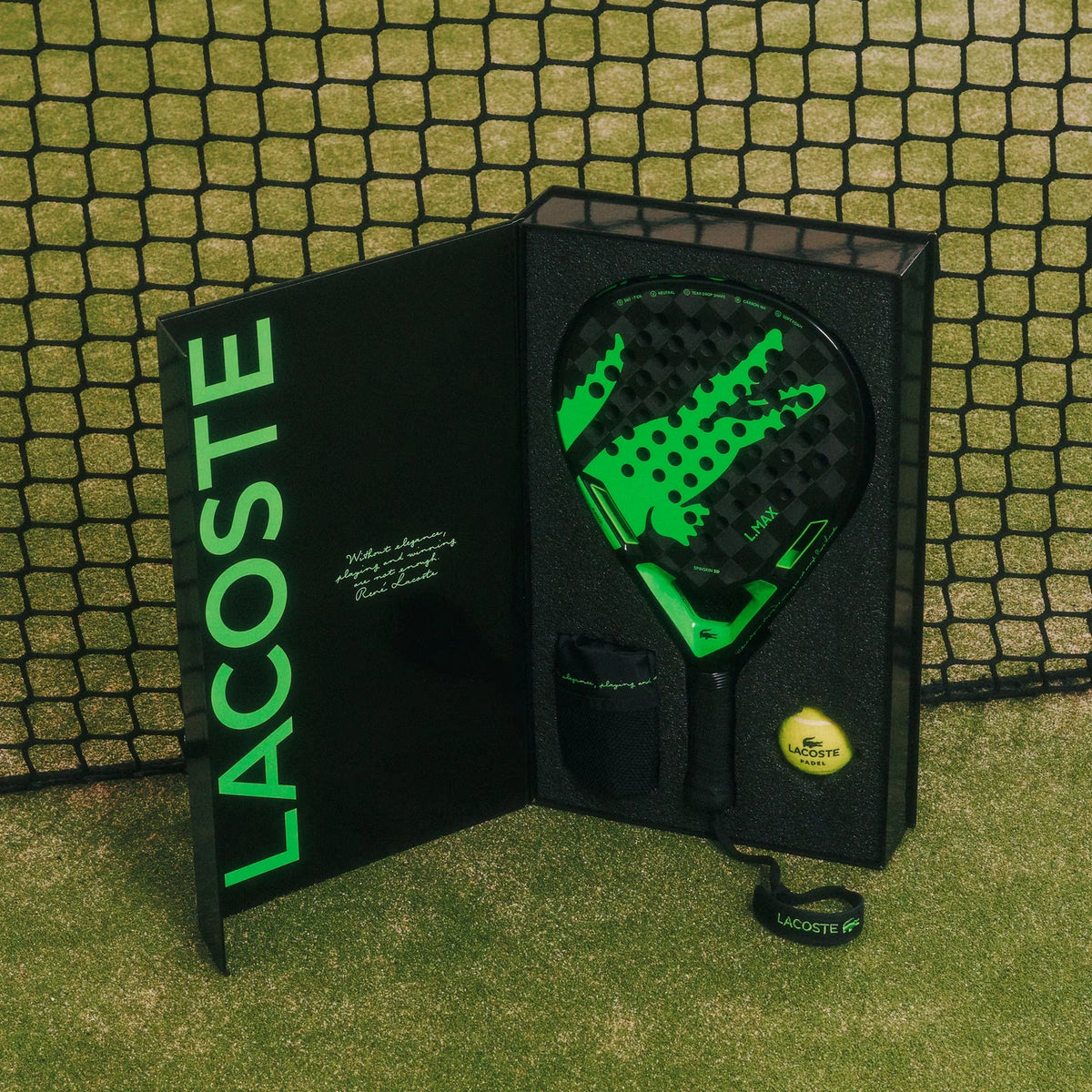 Lacoste L-Max green and black padel racket, lifestyle view