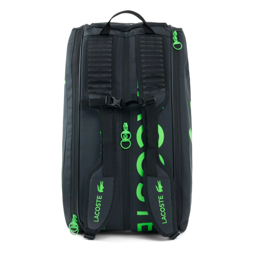 Lacoste L-Paletero black and green padel bag, front view
