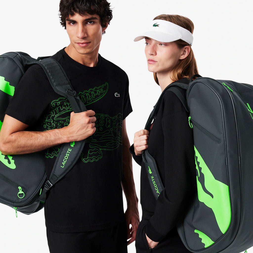 Lacoste L-Paletero black and green padel bag, players wearing the bag