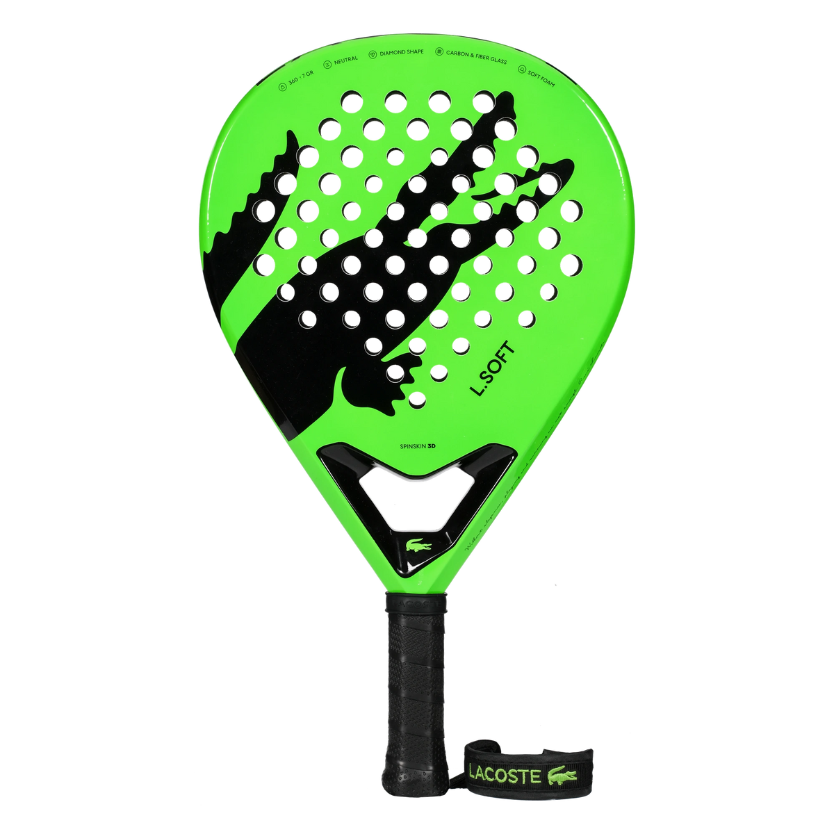Lacoste L-Soft green and black padel racket, front view