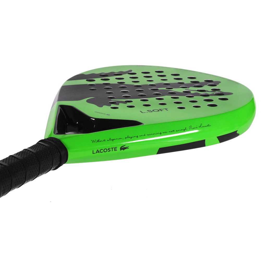 Lacoste L-Soft green and black padel racket, angled face view