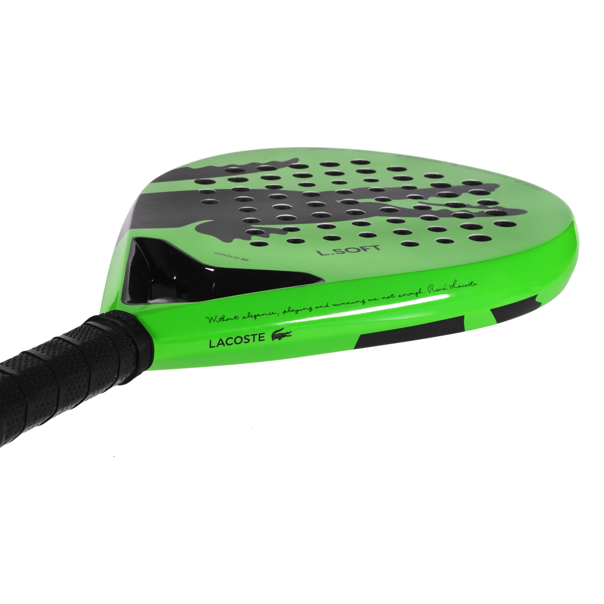 Lacoste L-Soft green and black padel racket, angled face view