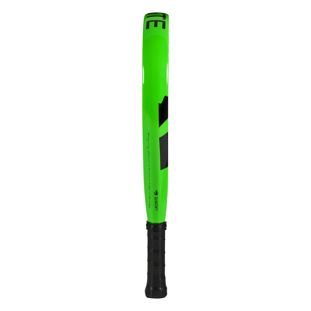 Lacoste L-Soft green and black padel racket, side profile view