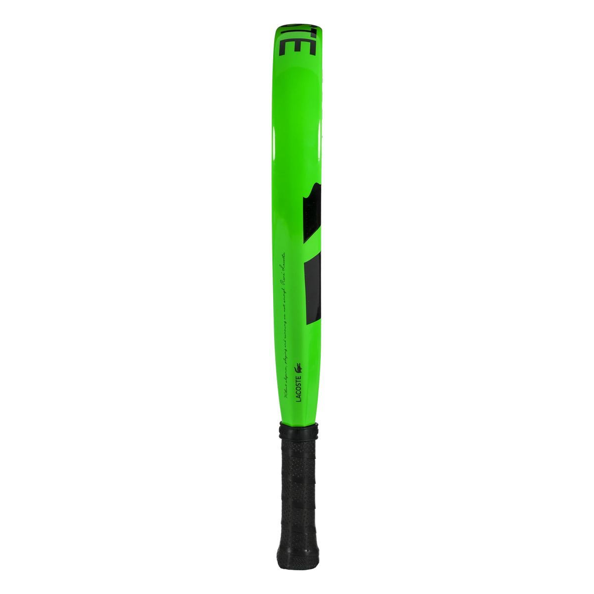 Lacoste L-Soft green and black padel racket, side profile view