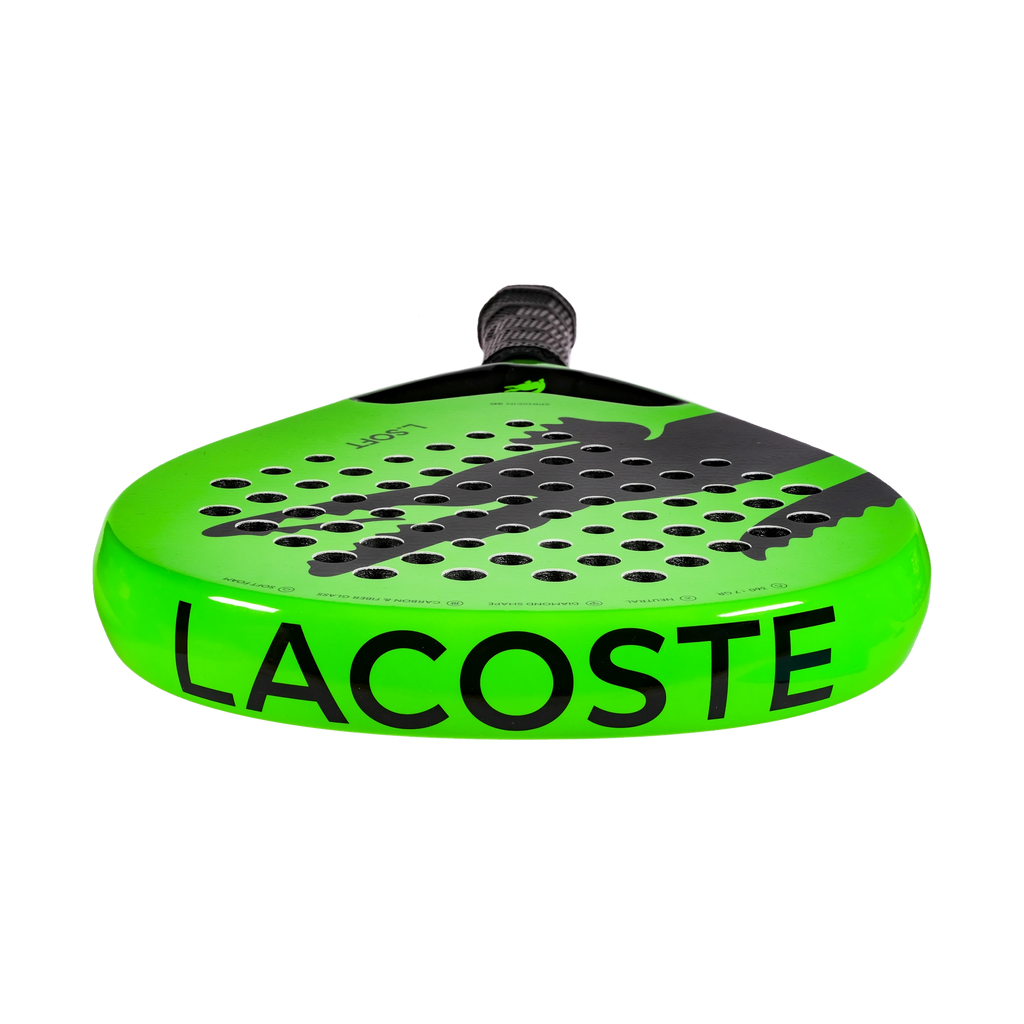 Lacoste L-Soft green and black padel racket, rear angled view
