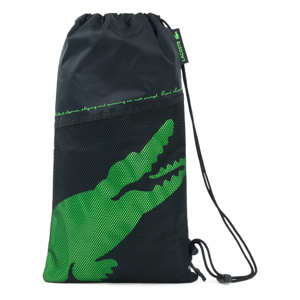 Lacoste L-Soft green and black padel racket, drawstring racket cover