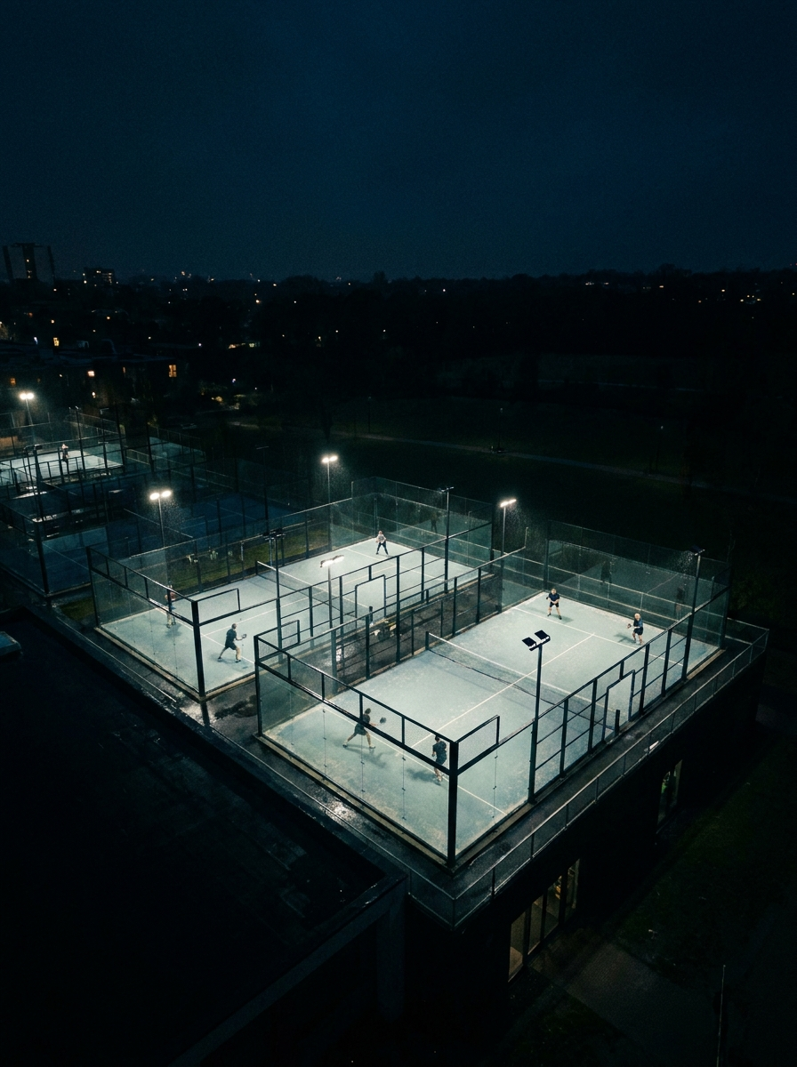 Aerial view of illuminated padel courts at night, Community partner track