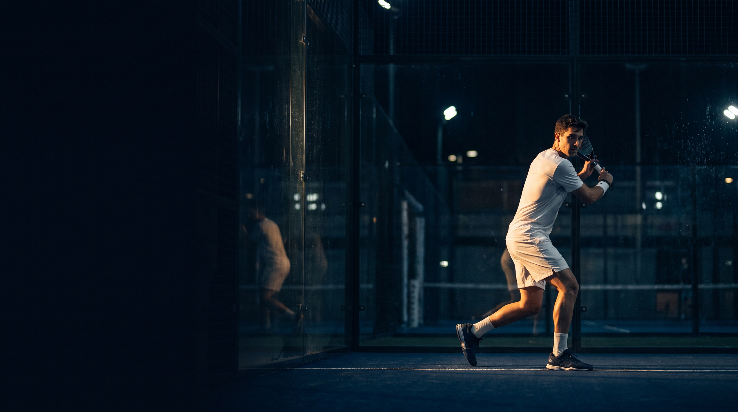 Padel athlete mid-backhand on a night court, Padel USA Partner Program hero
