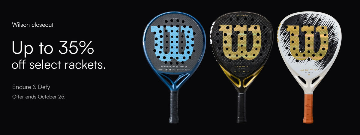 Wilson Endure Pro, Defy Pro and white-and-gold Defy Pro SE padel rackets together on a black background. Up to 35% off select rackets. Offer ends October 25.