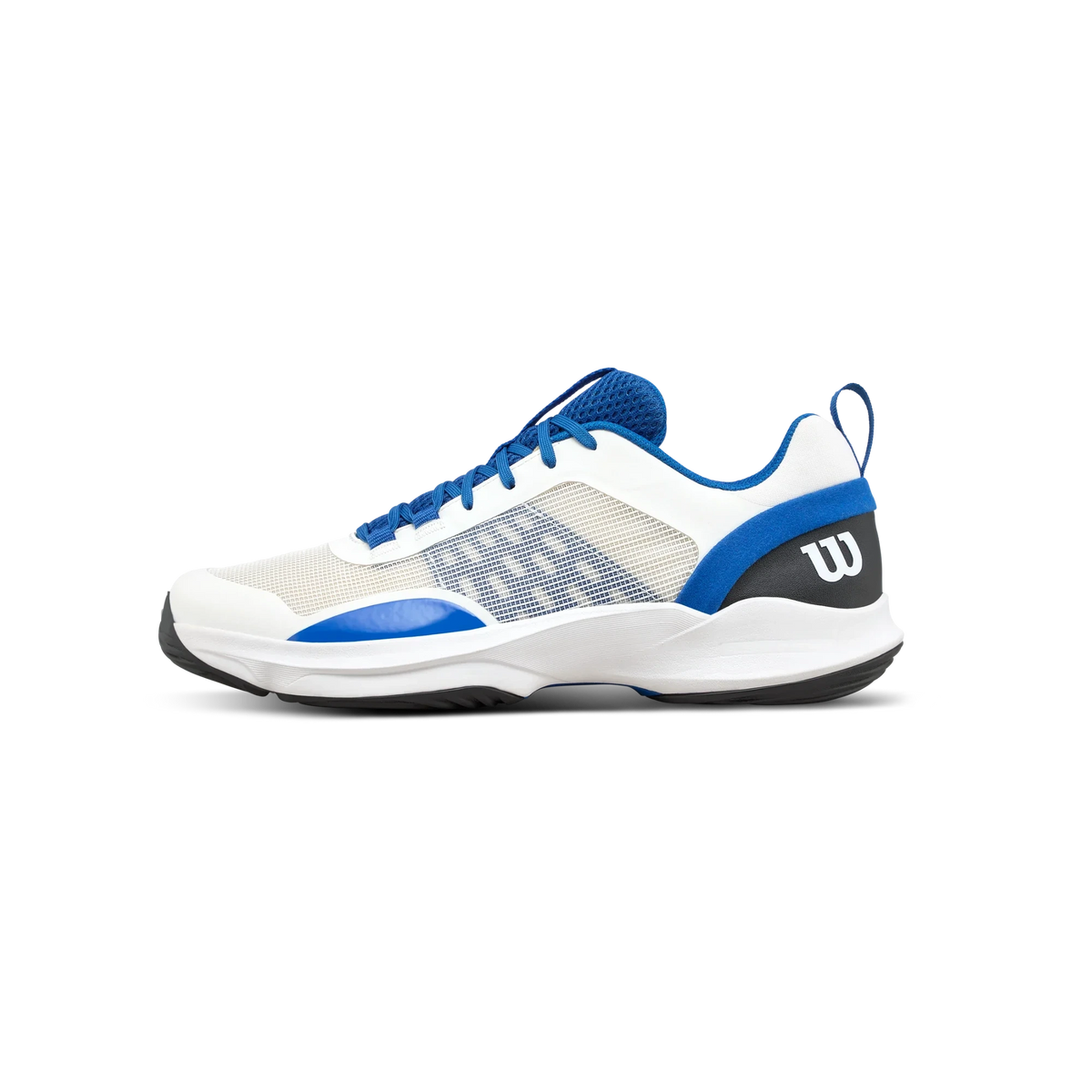 White and blue padel shoe with Wilson logo on a white background