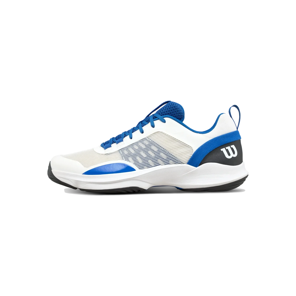 White and blue padel shoe with Wilson logo on a white background